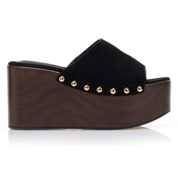 πλατφόρμες mules μαύρες σουετ με τρουκς σε προσφορά