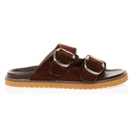  παντόφλες καφέ σουέτ με χρυσές αγκράφες καφε