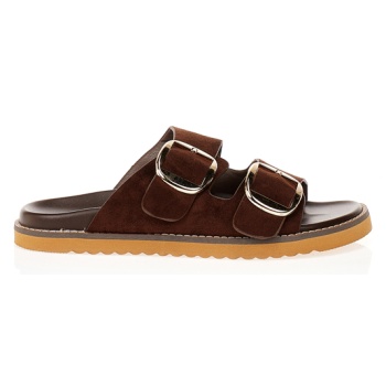 παντόφλες καφέ σουέτ με χρυσές αγκράφες σε προσφορά