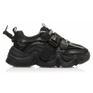 sneakers  μαύρα υφασμάτινα με δερματίνη λεπτομέρειες κορδόνια και κούμπωμα μαυρο