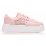 sneakers  ροζ δερματίνη με σουέτ λεπτομέρειες και υφασμάτινο σχέδιο στο πλάι δίπατα ροζ