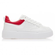 sneakers  λευκά δερματίνη με κόκκινη λεπτομέρεια και κορδόνια κοκκινο