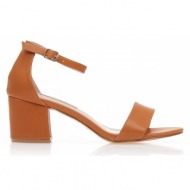 πέδιλα  κάμελ δερματίνη με λουράκι στον αστράγαλο και χοντρό τακούνι καμελ