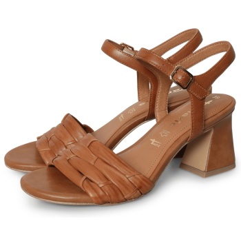 tamaris heeled leather sandal κονιάκ