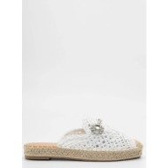  mules loafers με ψάθα & διακοσμητικές πέτρες - λευκό