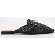  mules loafers με ψάθα & διακοσμητική αγκράφα απο strass - μαύρο