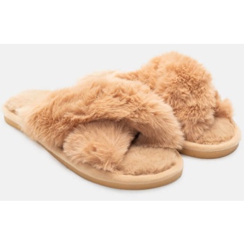 παντόφλες γούνινες χιαστί - κάμελ σε προσφορά