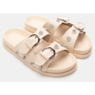  σανδάλια flatfrom με διακοσμητικά λουλούδια από πέτρες - μπεζ