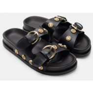  σανδάλια flatfrom με διακοσμητικά λουλούδια από πέτρες - μαύρο
