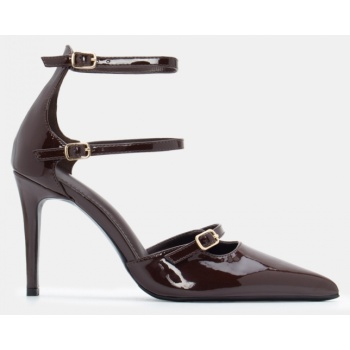 γόβες μυτερές με διπλή μπαρέτα - καφέ σε προσφορά