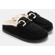  clogs σαμπό με εσωτερική επένδυση γούνας & διακοσμητική αγκράφα - μαύρο