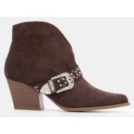  μποτάκια cowboy μυτερά με διακοσμητικό λουράκι από τρούκς - καφέ σκούρο