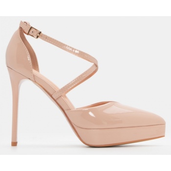 γόβες μυτερές με χιαστί λουράκια - μπεζ σε προσφορά