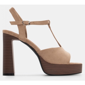 πέδιλα με φιάπα & τακούνι - μπεζ-σκούρο σε προσφορά