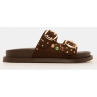  σανδάλια flatform με διακοσμητικές πέτρες - καφέ σκούρο