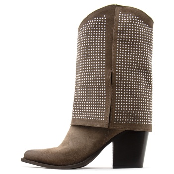 suede leather rhinestone mid heel boots