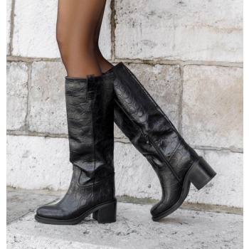 croc pattern boots block heel - black σε προσφορά