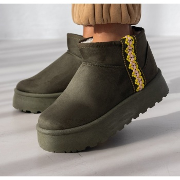 μποτάκια με γούνα και boho τρέσα - χακί σε προσφορά