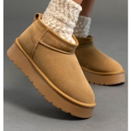  μποτάκια δερμάτινα αστραγάλου με συνθετική γούνα - κάμελ