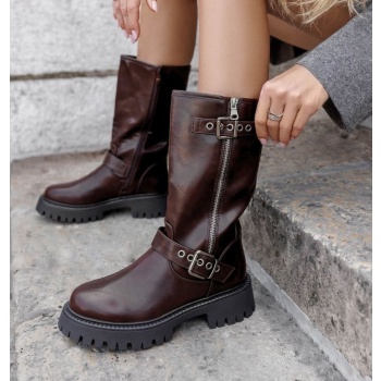 biker boots mid calf - dark brown matte σε προσφορά