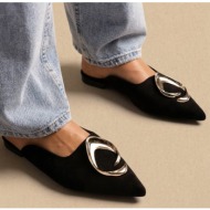  stephan pointed flat mules metal detail - p-1490 - black suede