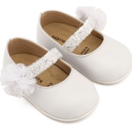  babywalker βαπτιστικά γοβάκια μονή μπαρέτα διακοσμημένο με τρέσα και τούλινο πον πον pri2657 λευκό
